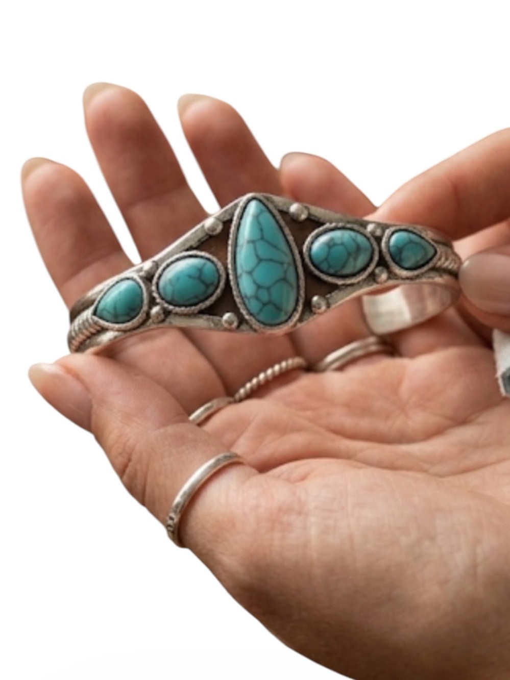 Boho Teardrop Turquoise Cuff Bracelet - Silver Western Bangle Jewelry
C3